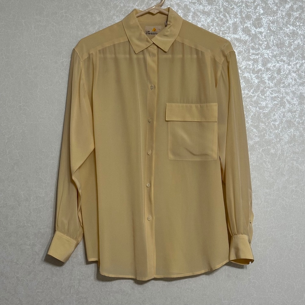 Liz Claiborne Long Sleeve Button Down Blouse 100% Silk Vintage Butter Yellow 10